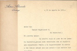 [Carta] 1919 ago. 19, Santiago, Chile [a] Manuel Magallanes Moure