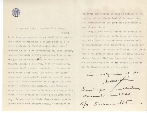 [Carta] 1921 nov. Santiago, Chile [a un amigo]