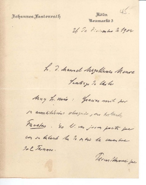 [Carta] 1902 dic. 26, Köln, Alemania [a] Manuel Magallanes Moure