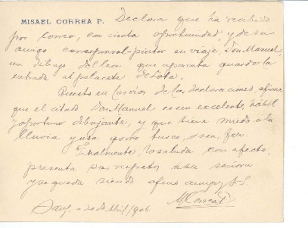 [Carta] 1906 abr. 20, Santiago, Chile [a] Manuel Magallanes Moure