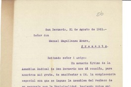 [Carta] 1921 ago. 31, San Bernardo, Chile [a] Manuel Magallanes Moure