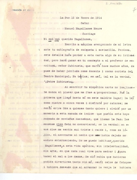 [Carta] 1914 ene. 15, La Paz, Bolivia [a] Manuel Magallanes Moure