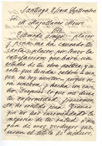 [Carta] 1912 sep. 8, Santiago, Chile [a] Manuel Magallanes Moure