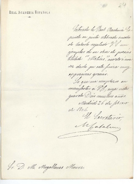 [Carta] 1904 feb. 26, Madrid, España [a] Manuel Magallanes Moure
