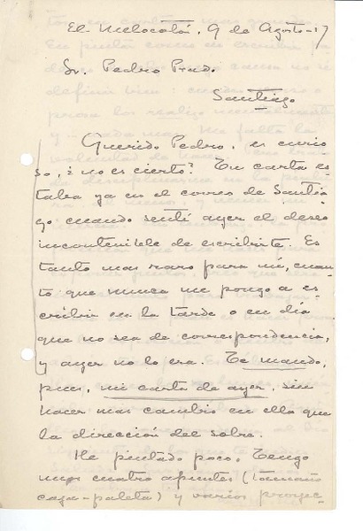 [Carta] 1917 ago. 9, El Melocotón, Chile [a] Pedro Prado