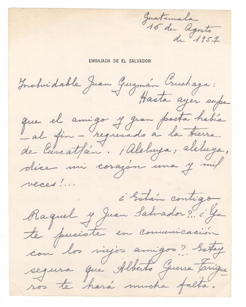[Carta] 1957 ago. 15, El Salvador [a] Juan Guzmán Cruchaga