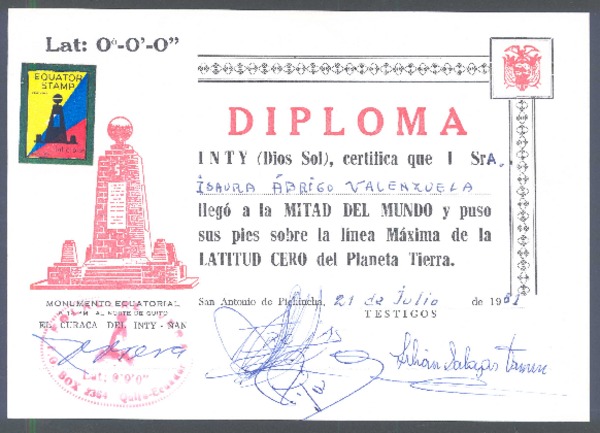 [Diploma] 1981 jul. 21, San Antonio de Pichincha, Ecuador <a> Isaura Abrigo