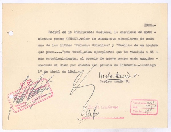 [Recibo de pago] 1941 abr. 1 Santiago, Chile <a> Biblioteca Nacional