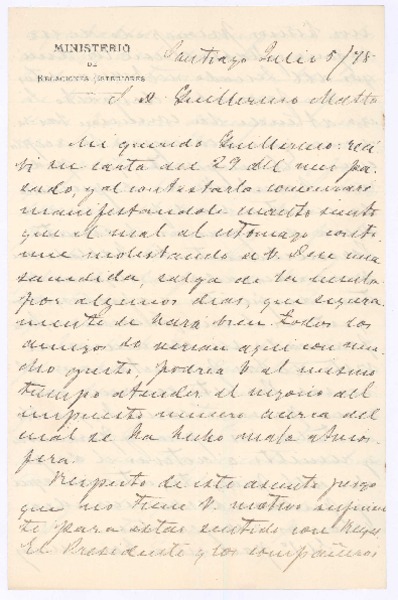 [Carta], 1878 jul. 5 Santiago, Chile <a> Guillermo Matta