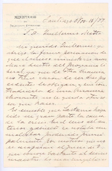 [Carta], 1877 nov. 10 Santiago, Chile <a> Guillermo Matta