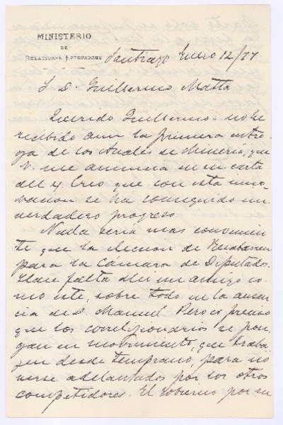 [Carta], 1877 ene. 12 Santiago, Chile <a> Guillermo Matta