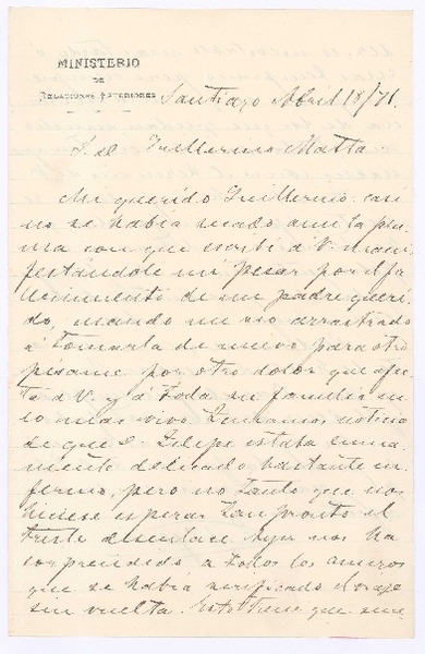[Carta], 1876 abr. 18 Santiago, Chile <a> Guillermo Matta