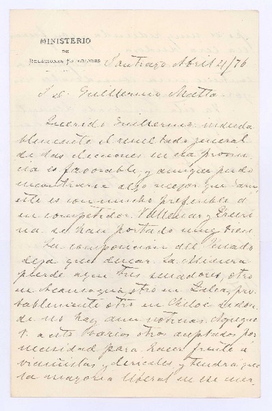 [Carta], 1876 abr. 4 Santiago, Chile <a> Guillermo Matta