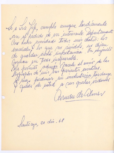 [Carta], 1968 dicl. 21 Santiago, Chile <a> Biblioteca Nacional