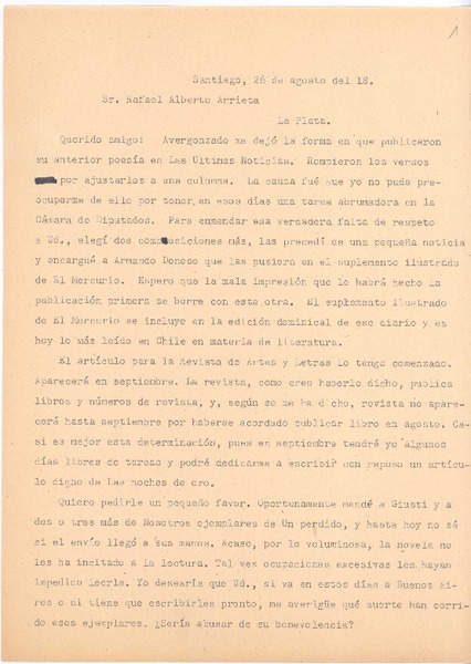 [Carta], c.1918 ago. 26 Santiago, Chile <a> Rafael Alberto Arrieta