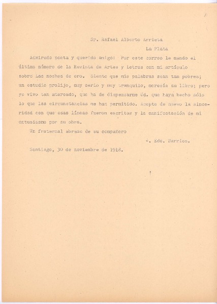 [Carta], c.1918 nov. 30 Santiago, Chile <a> Rafael Alberto Arrieta