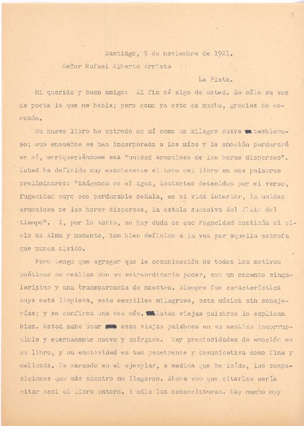 [Carta], 1921 nov. 9 Santiago, Chile <a> Rafael Alberto Arrieta