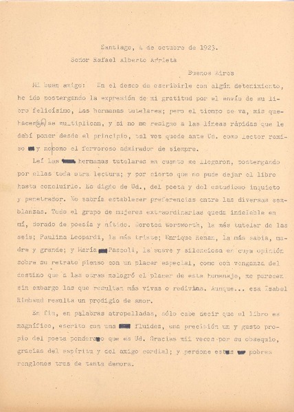 [Carta], 1923 oct. 4 Santiago, Chile <a> Rafael Alberto Arrieta