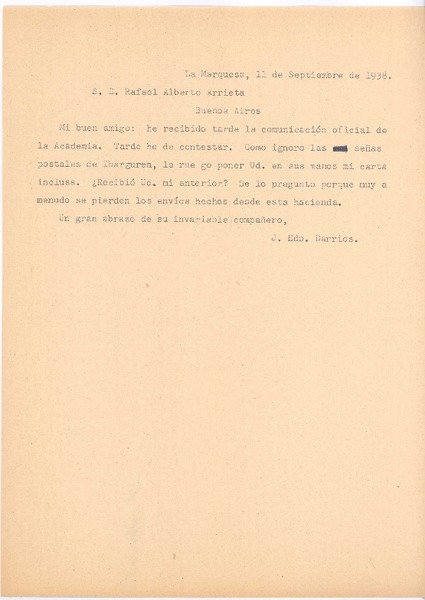 [Carta], 1938 sep. 11 San Antonio, Chile <a> Rafael Alberto Arrieta