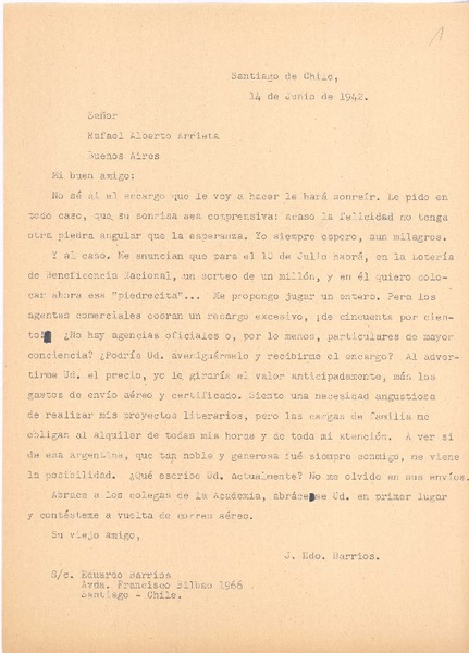 [Carta], 1942 jun. 14 Santiago, Chile <a> Rafael Alberto Arrieta