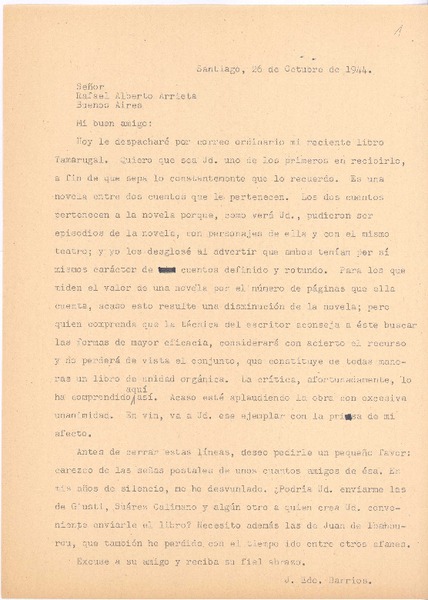 [Carta], 1944 oct. 26 Santiago, Chile <a> Rafael Alberto Arrieta