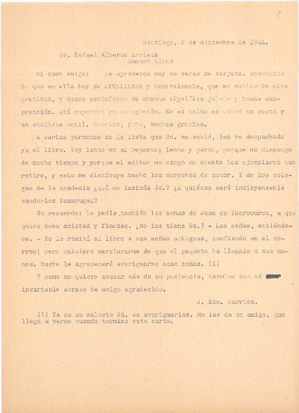 [Carta], 1944 dic. 2 Santiago, Chile <a> Rafael Alberto Arrieta