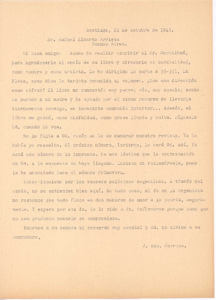 [Carta], 1945 oct. 21 Santiago, Chile <a> Rafael Alberto Arrieta