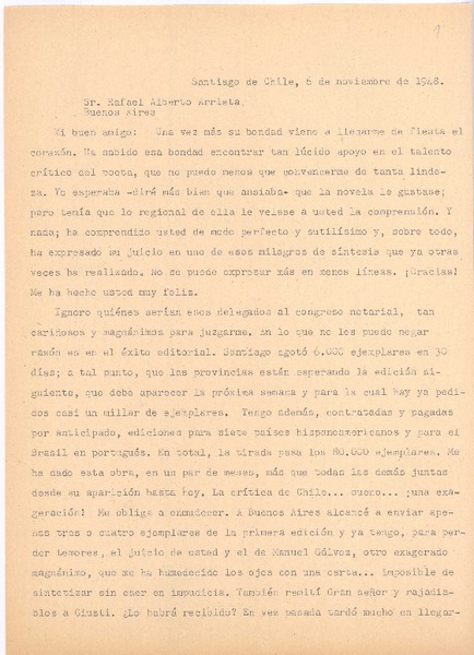 [Carta], 1948 nov. 6 Santiago, Chile <a> Rafael Alberto Arrieta