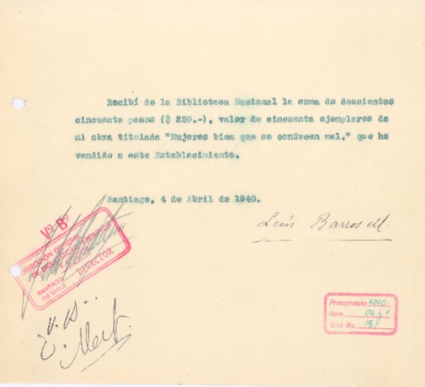 [Recibo], 1940 abr. 4 Santiago, Chile <a>Biblioteca Nacional de Chile