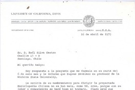 [Carta], 1970 abr. 16 California <a> Raúl Silva Castro.