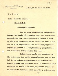 [Carta] 1934 ene. 17, La Paz [a] Gabriela Mistral, Madrid