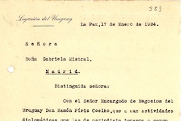 [Carta] 1934 ene. 17, La Paz [a] Gabriela Mistral, Madrid