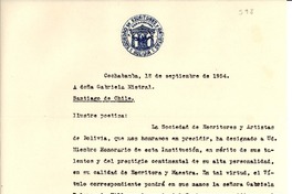 [Carta] 1954 sept. 12, Cochabamba, [Bolivia] [a] Gabriela Mistral, Santiago, Chile