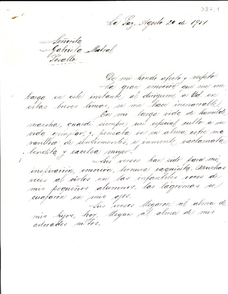 [Carta] 1951 ago. 20, La Paz [a] Gabriela Mistral