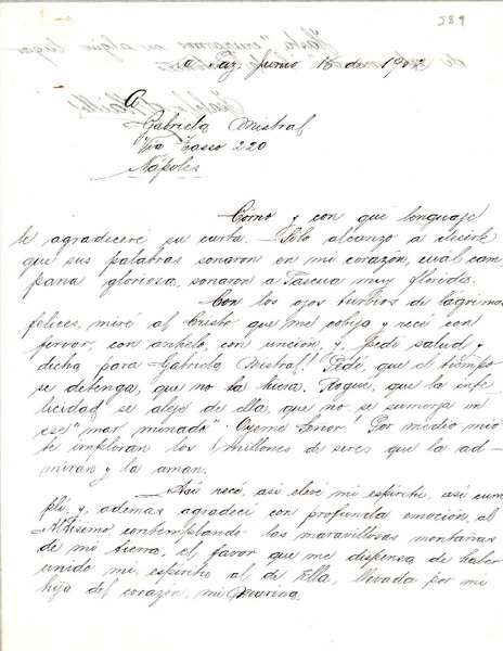 [Carta] 1952 jun. 16, La Paz [a] Gabriela Mistral, Nápoles