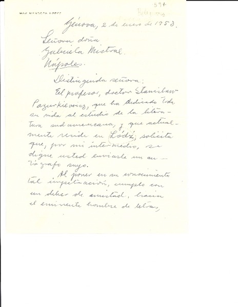 [Carta] 1953 ene. 28, Génova [a] Gabriela Mistral, Nápoles
