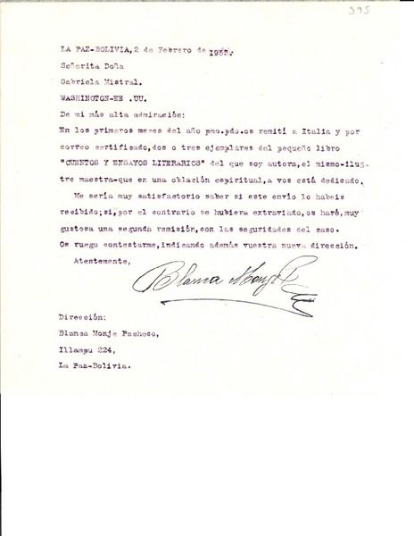 [Carta] 1953 feb. 2, La Paz, Bolivia [a] Gabriela Mistral, Washington, Estados Unidos