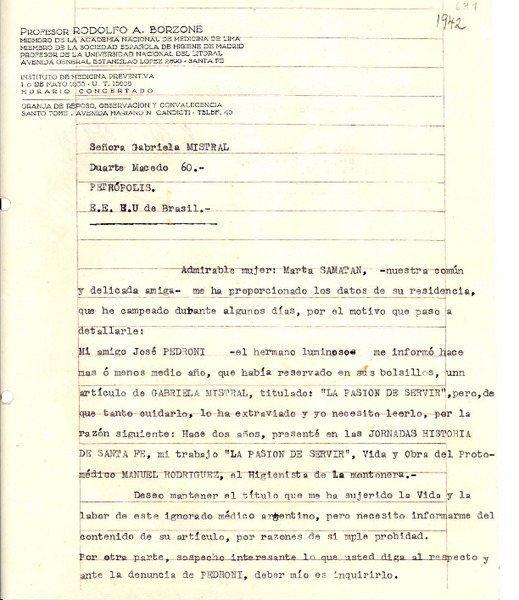 [Carta] 1942, Santa Fe, [Argentina] [a] Gabriela Mistral, Petrópolis, [Brasil]