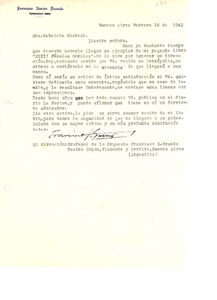 [Carta] 1942 feb. 16, Buenos Aires [a] Gabriela Mistral [Petrópolis, Brasil]
