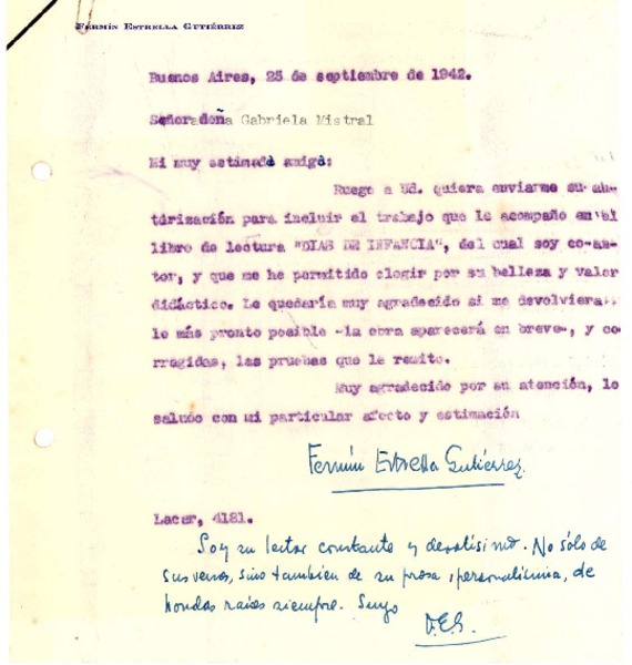 [Carta] 1942 jul. 25, Buenos Aires [a] Gabriela Mistral