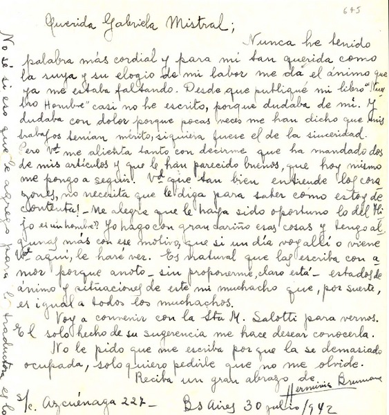 [Carta] 1942 jul. 30, Buenos Aires [a] Gabriela Mistral