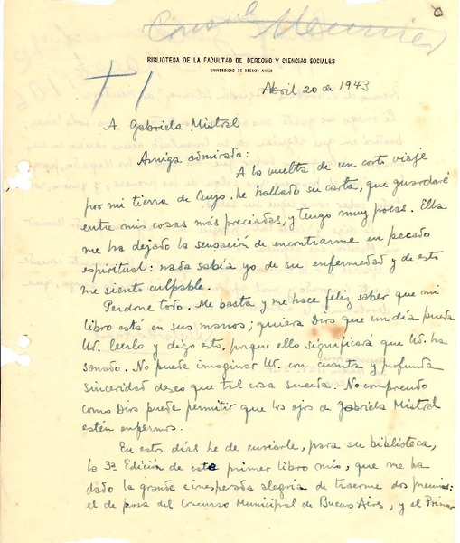 [Carta] 1943 abr. 20, Buenos Aires [a] Gabriela Mistral