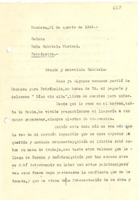 [Carta] 1943 ago. 21, Mendoza, [Argentina] [a] Gabriela Mistral, Petrópolis [Brasil]