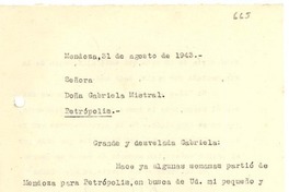[Carta] 1943 ago. 21, Mendoza, [Argentina] [a] Gabriela Mistral, Petrópolis [Brasil]