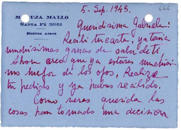 [Tarjeta] 1943 sept. 5, Buenos Aires [a] Gabriela Mistral