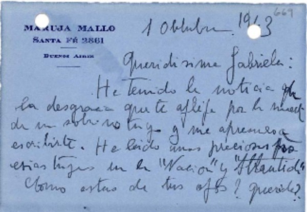 [Tarjeta] 1943 oct. 1, Buenos Aires [a] Gabriela Mistral