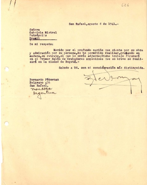 [Carta] 1941, San Rafael, Mendoza [a] Gabriela Mistral, Petrópolis, Brazil