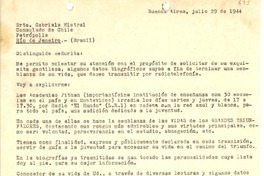 [Carta] 1944 jul. 29, Buenos Aires [a] Gabriela Mistral, Petrópolis, Río de Janeriro, Brasil