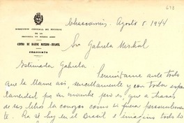 [Carta] 1944 ago. 6, Chascomús, Prov. de Buenos Aires [a] Gabriela Mistral