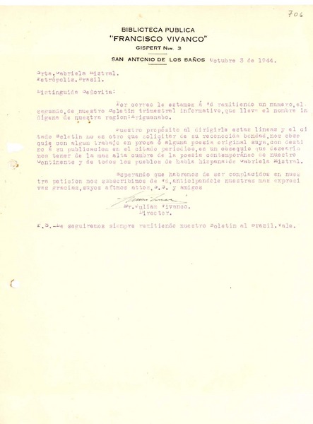 [Carta] 1944 oct. 3, San Antonio de los Baños, [Argentina a] Gabriela Mistral, Petrópolis, [Brasil]